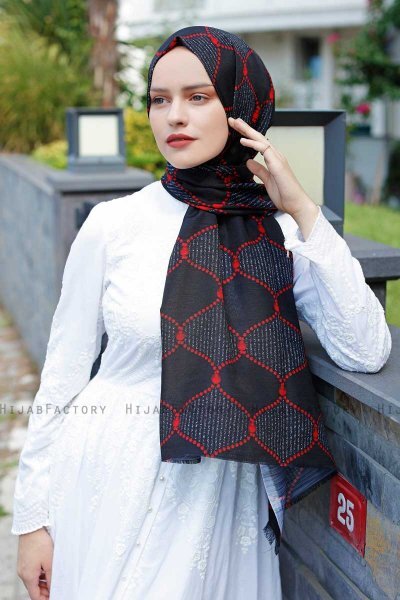 Tutku - Rot & Schwarz Gemustertes Hijab - Sal Evi