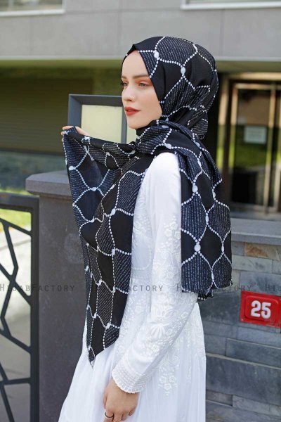 Tutku - Navy Blau & Weiß Gemustertes Hijab - Sal Evi