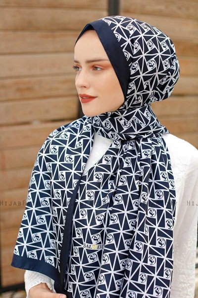 Navy Blau Gemusterter Twill Hijab - Sal Evi
