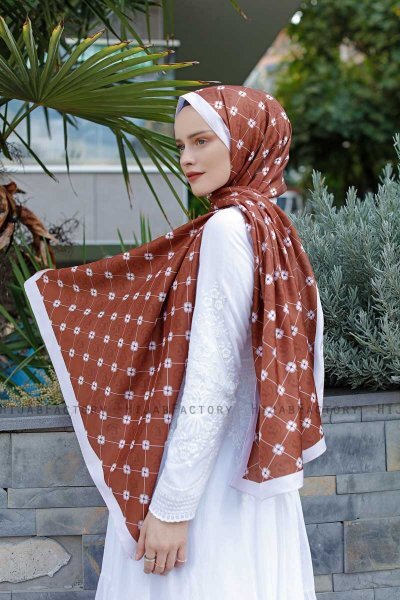 Zimt Gemusterter Twill Hijab - Sal Evi