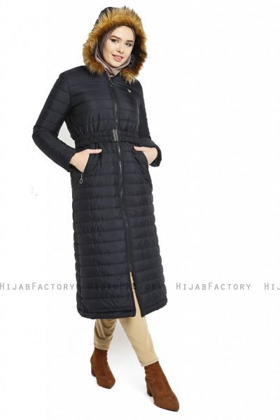 Yeliz - Navy Blau Lange Jacke Mit Kapuze