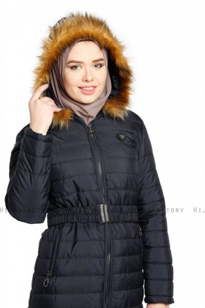 Yeliz - Navy Blau Lange Jacke Mit Kapuze