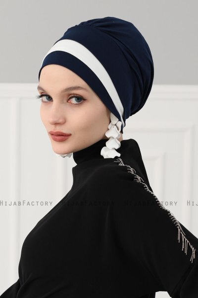 Elsa - Navy Blau & Creme Baumwolle Turban