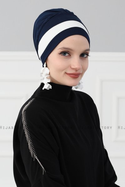 Elsa - Navy Blau & Creme Baumwolle Turban
