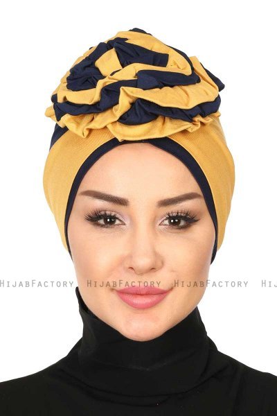 Clara - Senf & Navy Blau Baumwolle Turban