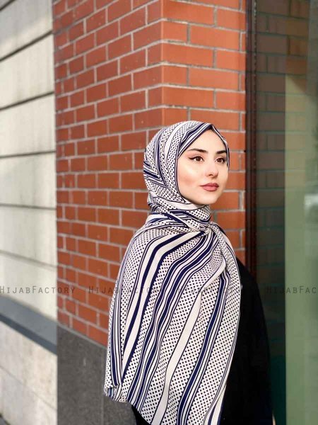 Dalal - Navy Blau & Creme Gemustert Crepe Hijab