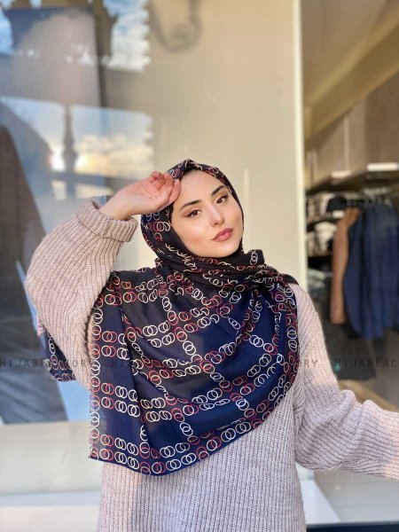 Elyas - Navy Blau Gemustert Baumwolle Hijab - Mirach
