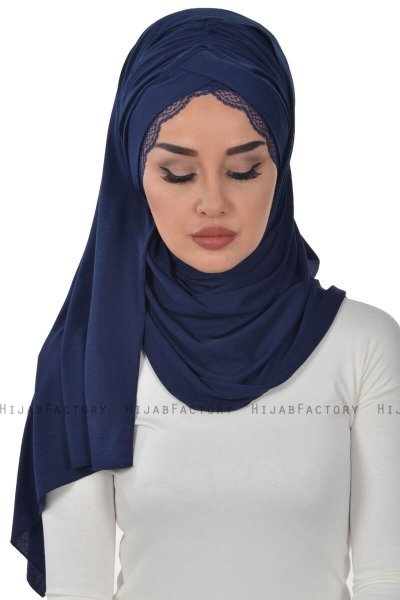 Filippa - Navy Blau Baumwolle Praktisch Hijab - Ayse Turban