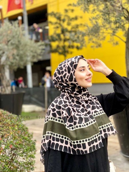Iza - Schwarz & Khaki Gemustert Baumwolle Hijab - Mirach