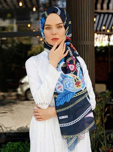 Jumana - Navy Blau Gemustertes Hijab - Sal Evi