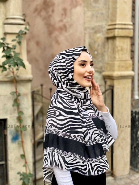 Kadifa - Schwarz & Weiss Gemustert Baumwolle Hijab - Mirach