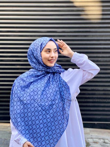 Mahek - Blau Gemustert Baumwolle Hijab