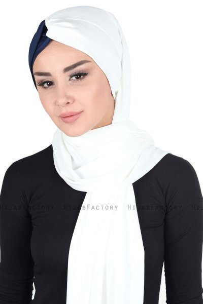 Mikaela - Creme & Navy Blau Baumwolle Praktisch Hijab