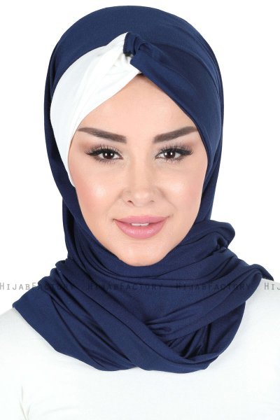 Mikaela - Navy Blau & Creme Baumwolle Praktisch Hijab