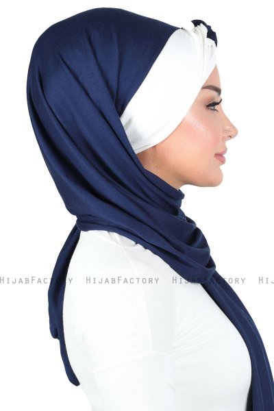 Mikaela - Navy Blau & Creme Baumwolle Praktisch Hijab