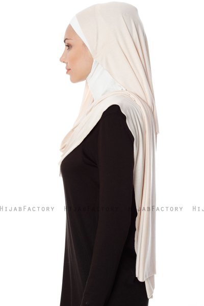 Naz - Leichte Beige & Creme Praktisch Fertig Hijab - Ecardin