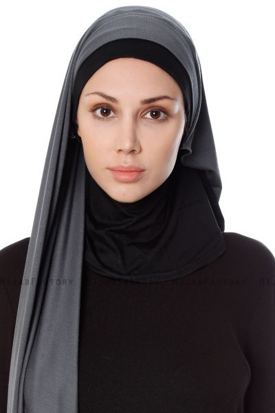 Naz - Dunkelgrau & Schwarz Praktisch Fertig Hijab - Ecardin