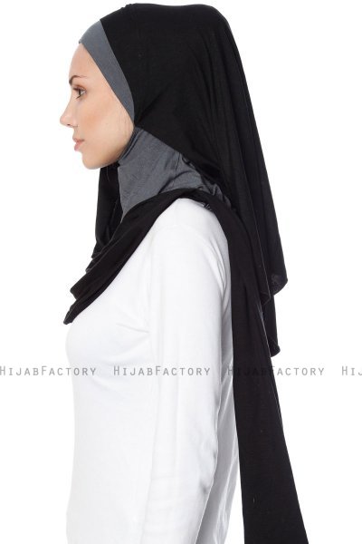 Naz - Schwarz & Dunkelgrau Praktisch Fertig Hijab - Ecardin