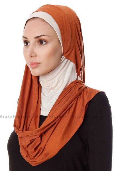 Naz - Ziegelrot & Leichte Beige Praktisch Fertig Hijab - Ecardin
