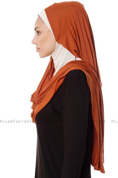 Naz - Ziegelrot & Leichte Beige Praktisch Fertig Hijab - Ecardin