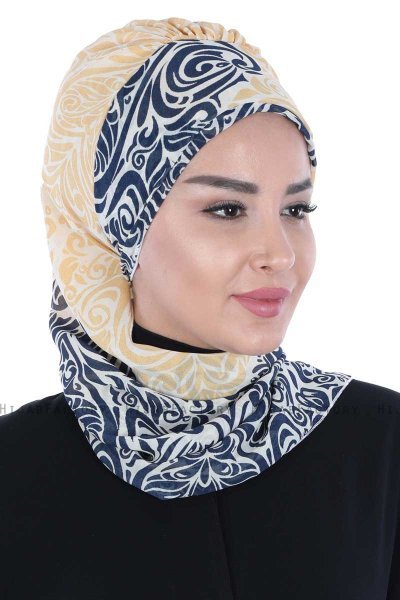 Regina - Navy Blau & Gelb Chiffon Instant Turban