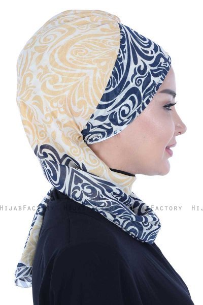 Regina - Navy Blau & Gelb Chiffon Instant Turban
