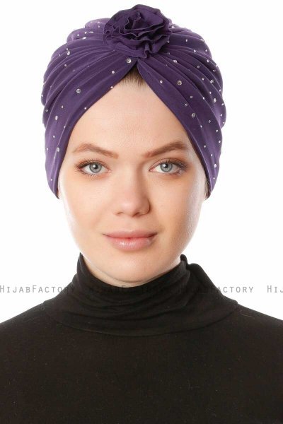 Shereen - Dunkelviolett Crepe Chiffon Turban - Sehr-i Sal