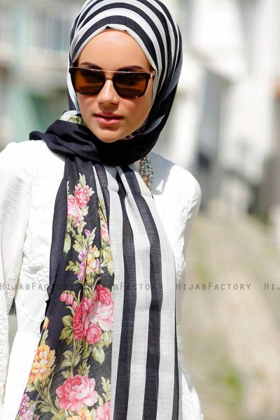 Vezna - Schwarz Gemustertes Hijab - Sal Evi