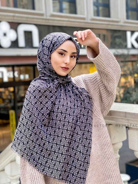 Wahida - Schwarz Gemustert Baumwolle Hijab - Mirach
