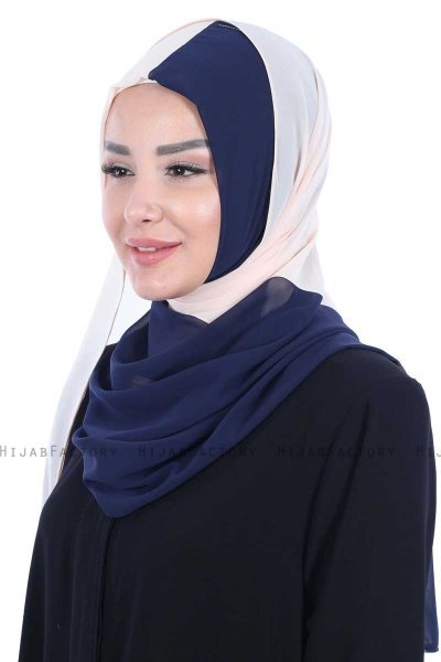 Ylva - Beige & Navy Blau Praktisch Chiffon Hijab